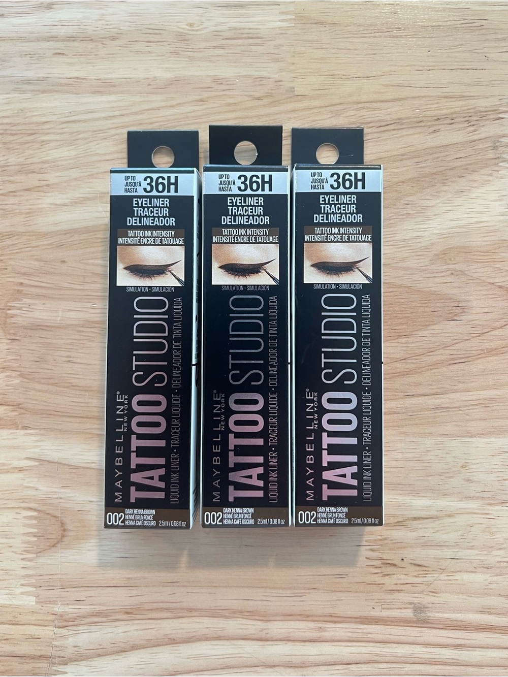 3 PACK Maybelline Tattoo Studio Liquid Ink 36Hr Eyeliner, 002 Dark Henna Brown